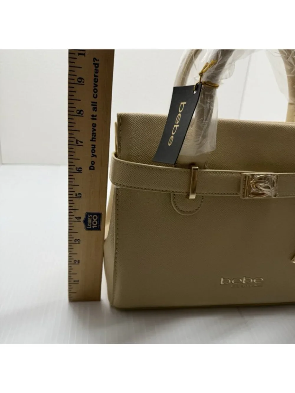 Bebe Evie Satchel NWT Beige Saffiano Gold Turn Lock Crossbody Handbag Work